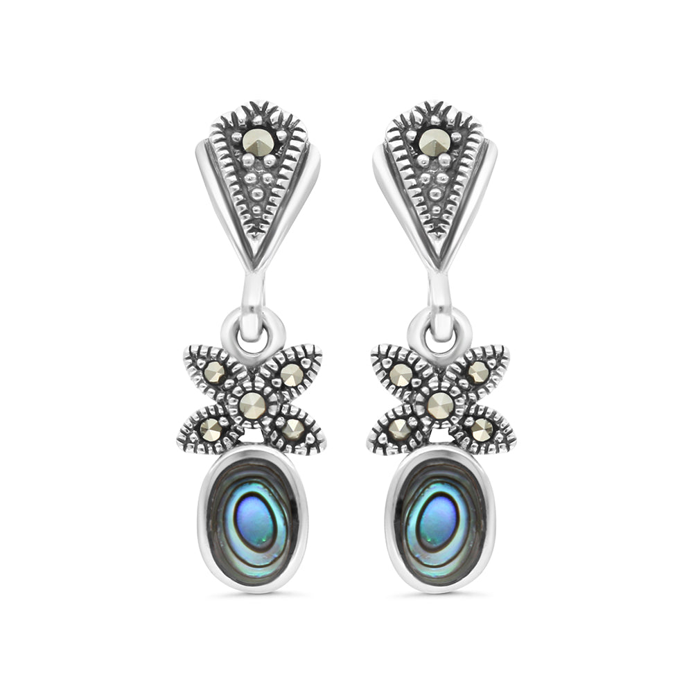Sterling Silver 925 Earring Embedded With Natural Blue Shell And Marcasite Stones