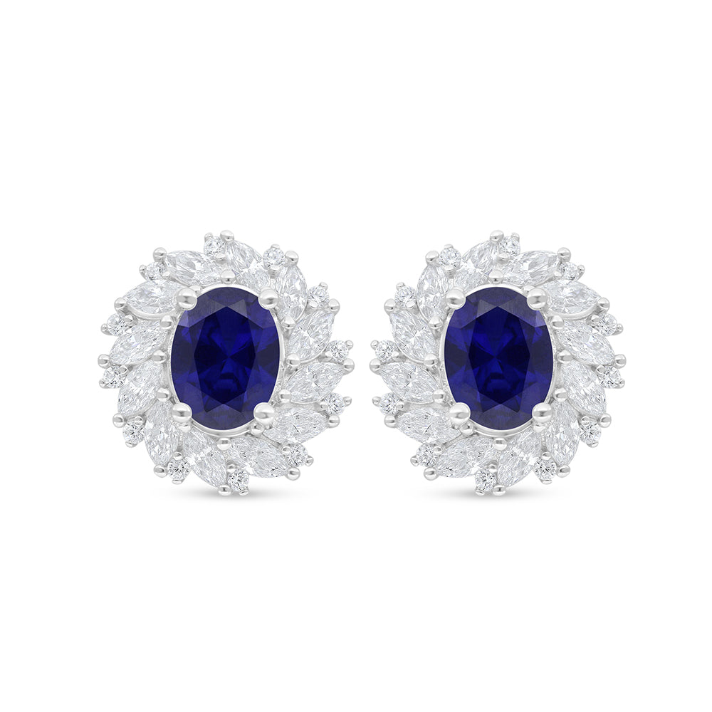 Sterling Silver 925 Earring Rhodium Plated Embedded With Sapphire Corundum And White Zircon
