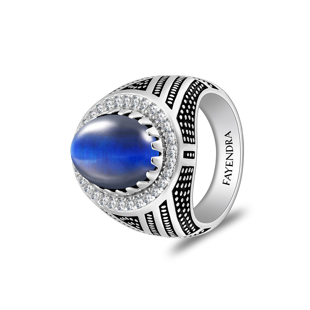 خاتم رجالي من الفضة الخالصة عيار 925 مطلي روديوم و اسود مرصع احجار عين النمر ازرق كابشون و فص ابيض