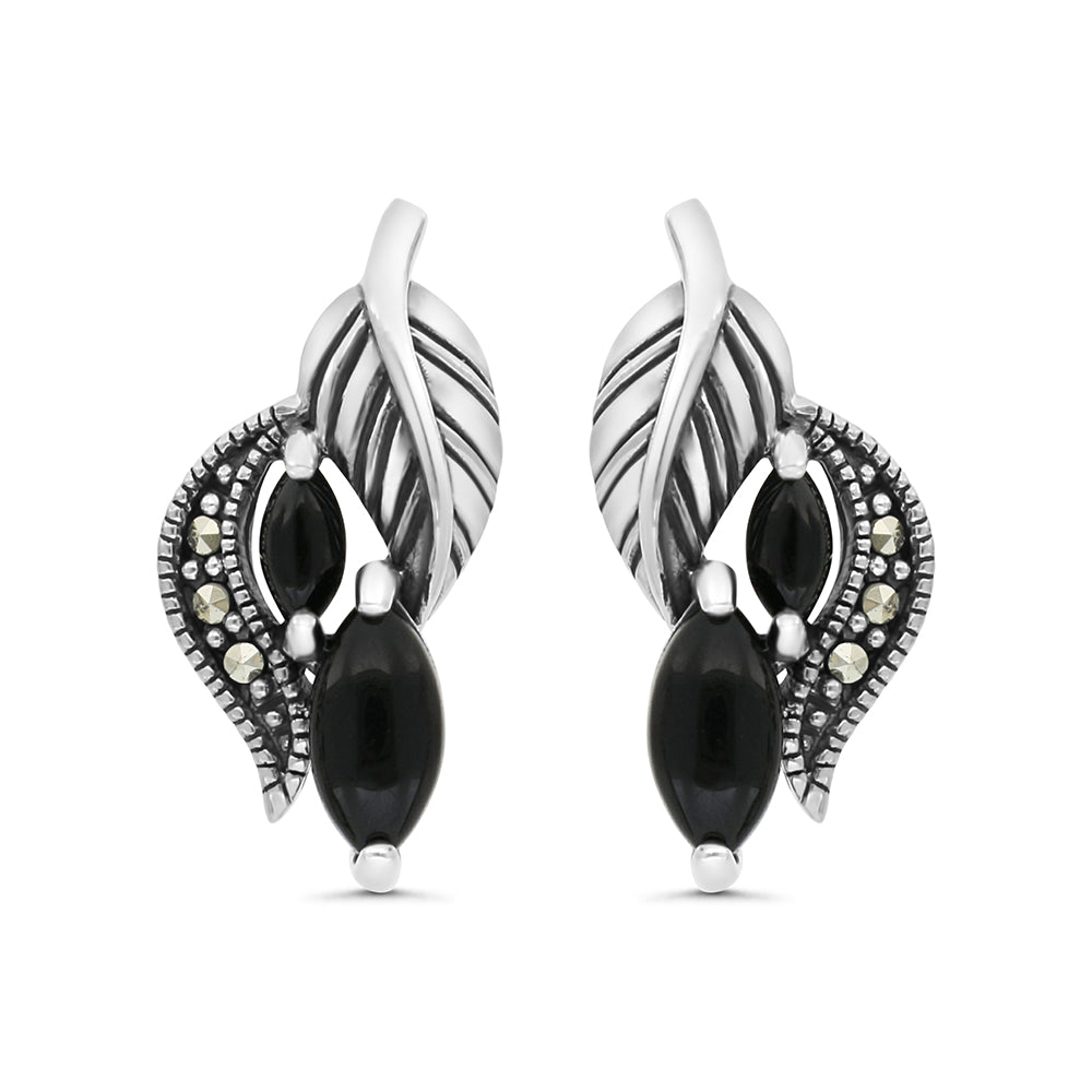 Sterling Silver 925 Earring Embedded With Natural Black Agate And Marcasite Stones