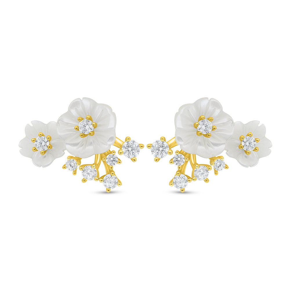 اقراط من الفضة الخالصة عيار 925 مطلية ذهبي مرصعة صدف ابيض و فص ابيض