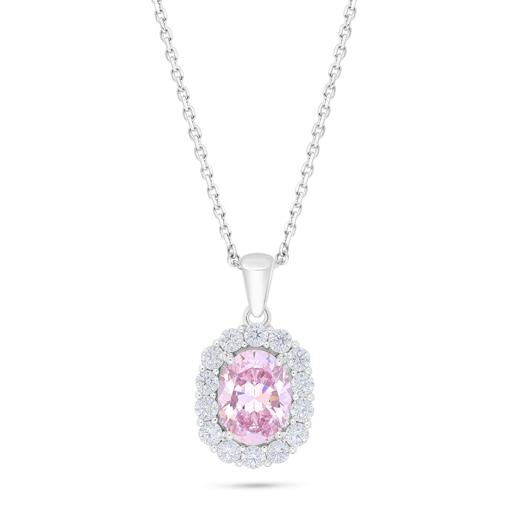 Sterling Silver 925 Necklace Rhodium Plated Embedded With Pink Zircon And White Zircon