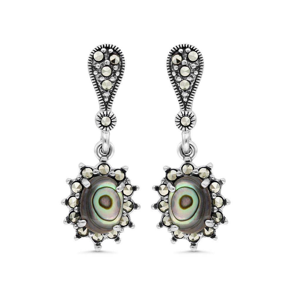 Sterling Silver 925 Earring Embedded With Natural Blue Shell And Marcasite Stones