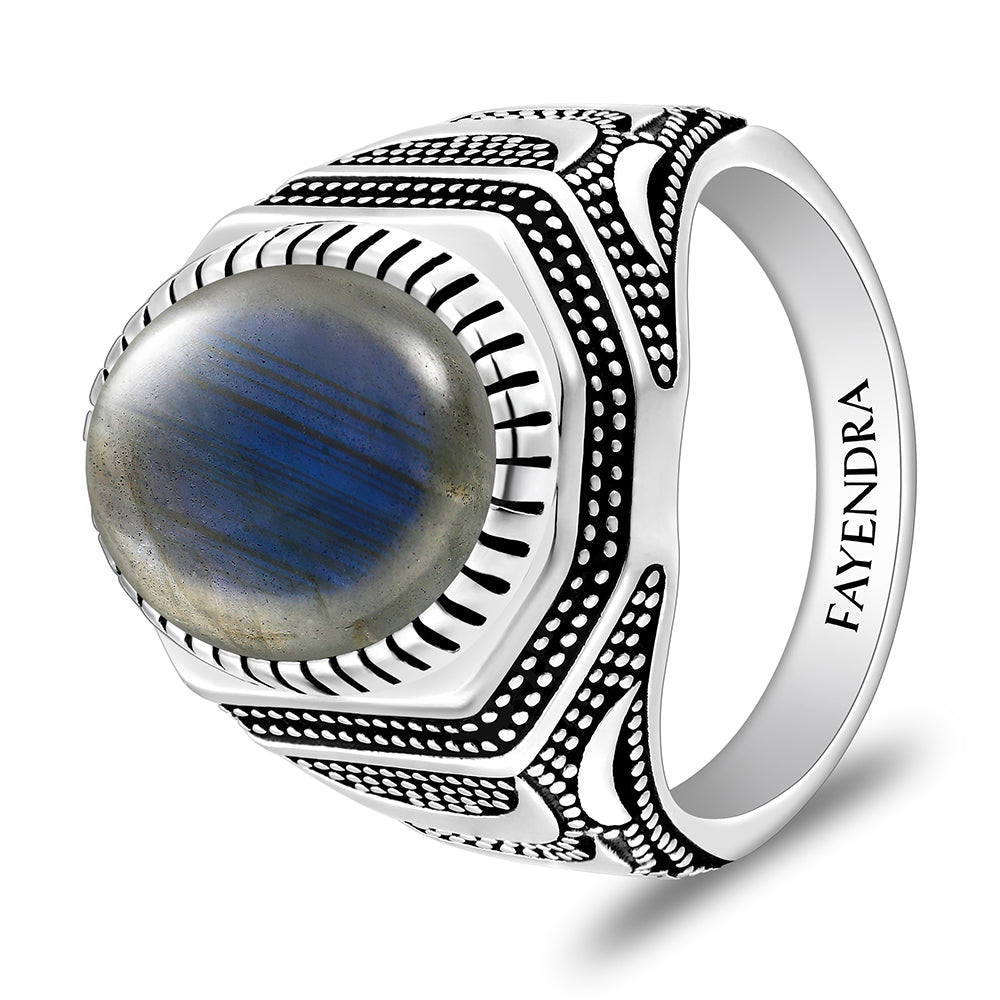 خاتم رجالي من الفضة الخالصة عيار 925 مطلي روديوم و اسود مرصع احجار لابرادوريت اوبالي كابشون