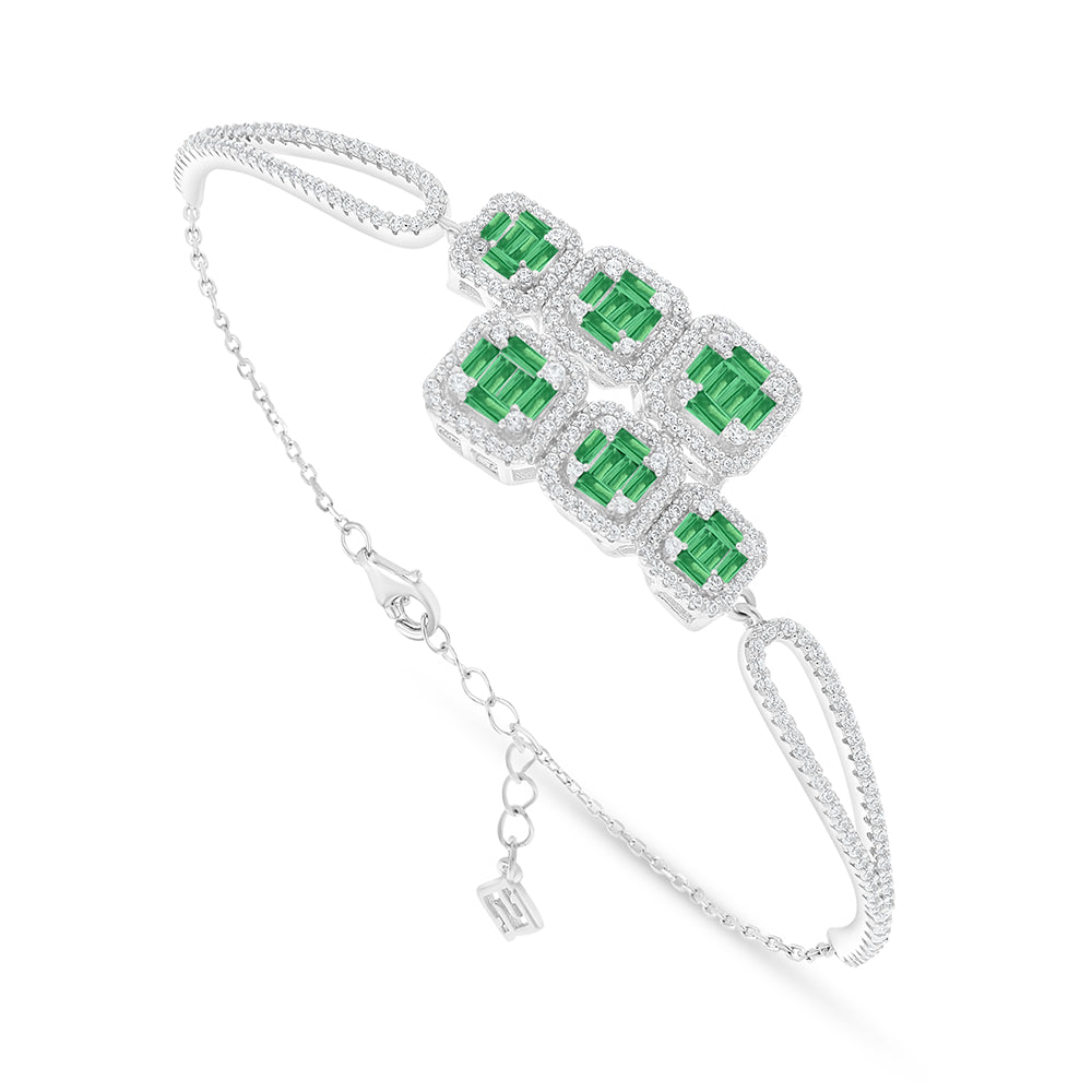 Sterling Silver 925 Bracelet Rhodium Plated Embedded With Emerald Zircon And White Zircon