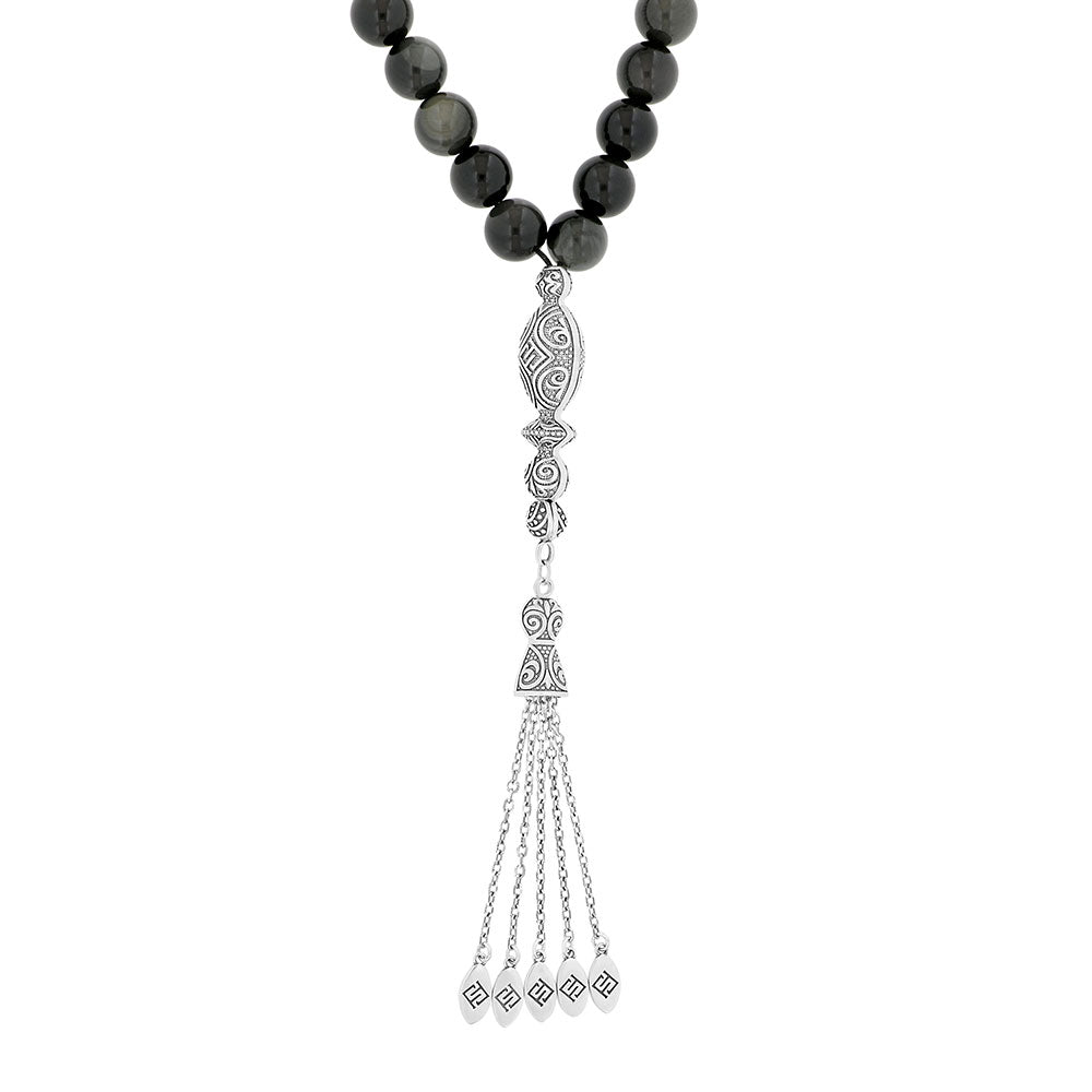 Rosary 33 Sterling Silver 925 Set Oxidized Embedded With Obsidian Bead 10 ML LOGO