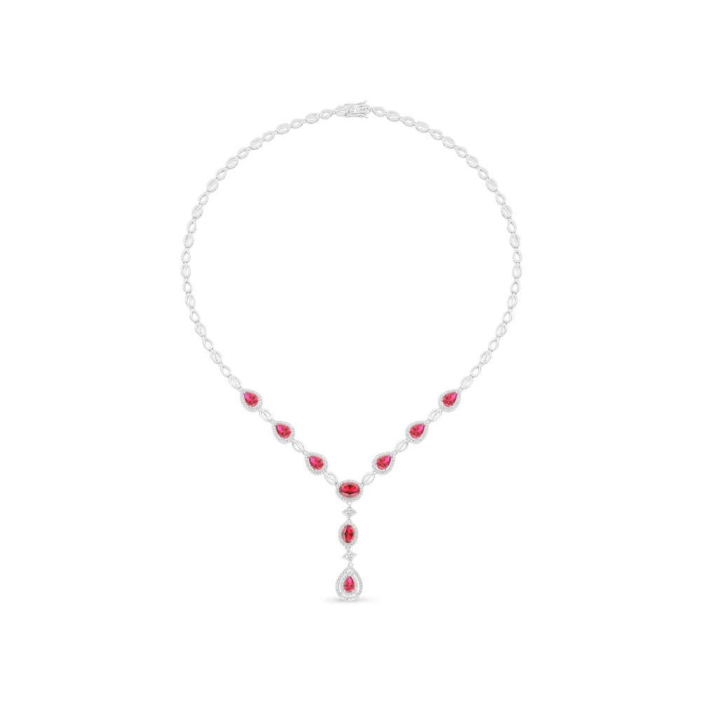 عقد من الفضة الخالصة عيار 925 مطلي روديوم مرصع ياقوت كروندوم و فص ابيض