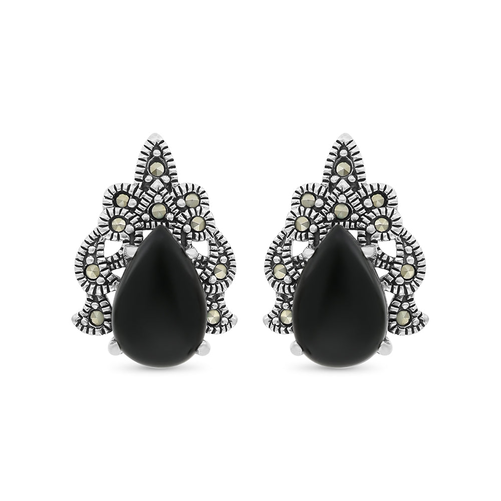 Sterling Silver 925 Earring Embedded With Natural Black Agate And Marcasite Stones
