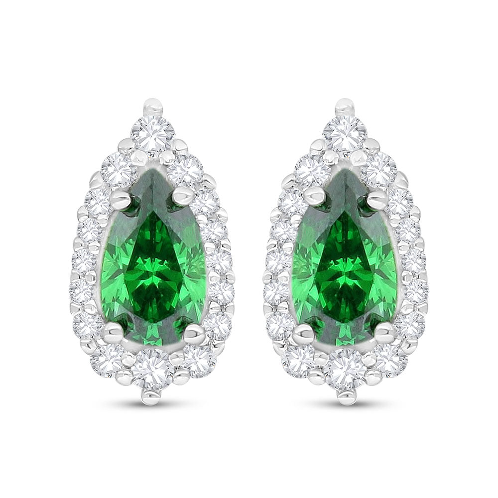Sterling Silver 925 Earring Rhodium Plated Embedded With Emerald Zircon And White Zircon