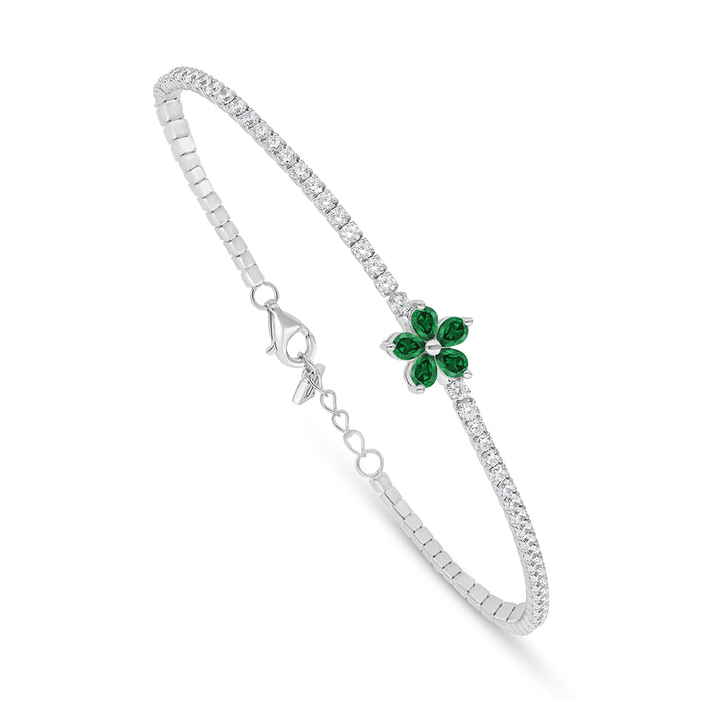 Sterling Silver 925 Bracelet Rhodium Plated Embedded With Emerald Zircon And White Zircon