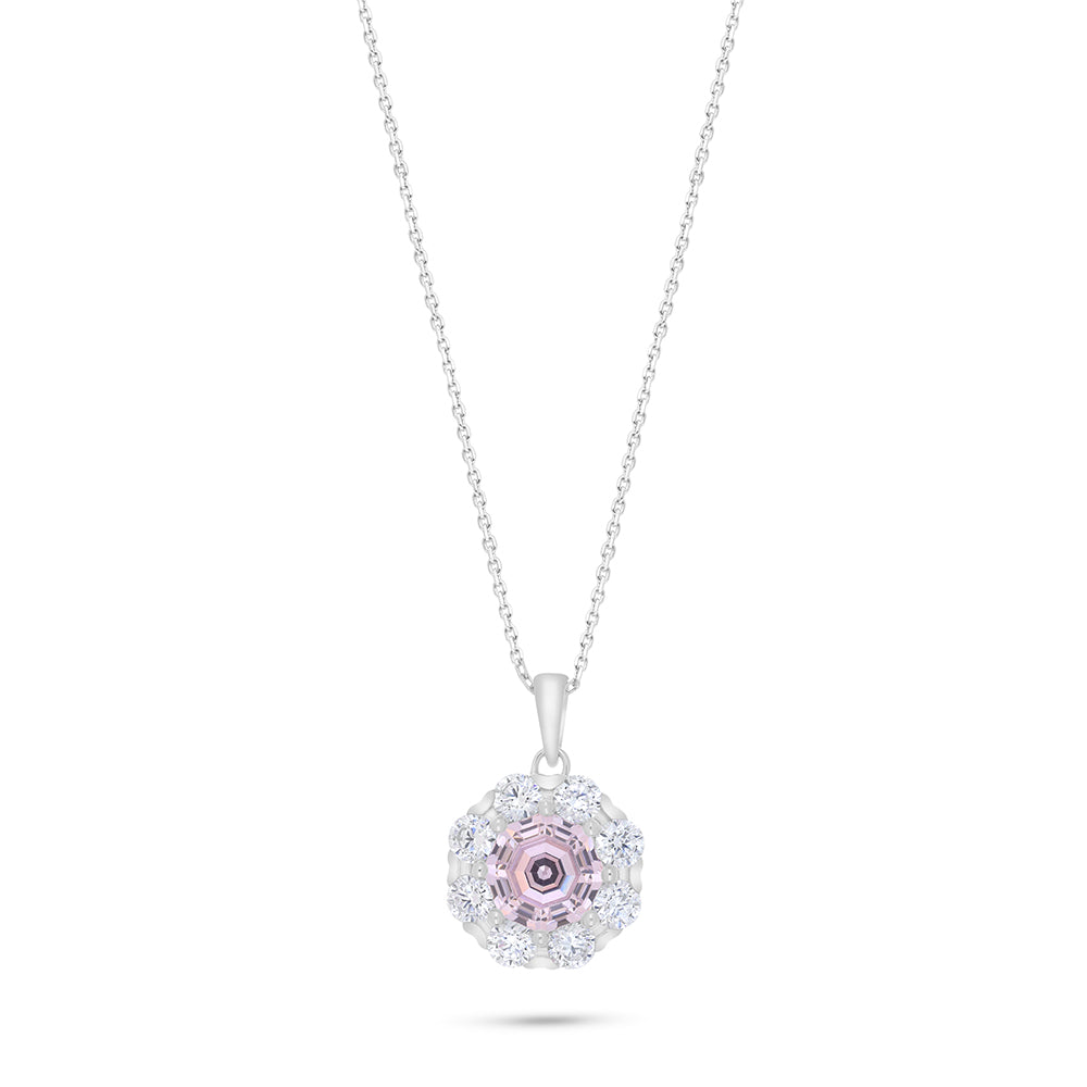 Sterling Silver 925 Necklace Rhodium Plated Embedded With pink Zircon And White Zircon