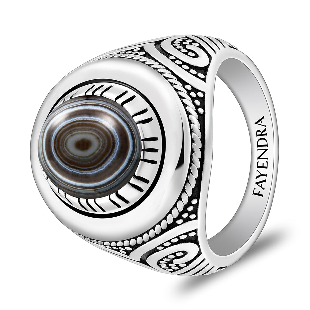 خاتم رجالي من الفضة الخالصة عيار 925 مطلي روديوم و اسود مرصع احجار عقيق سليماني كابشون