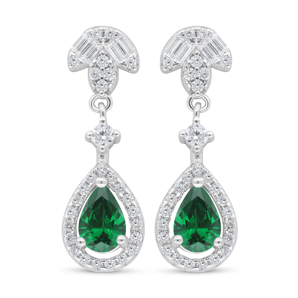 Sterling Silver 925 Earring Rhodium Plated Embedded With Emerald Zircon And White Zircon