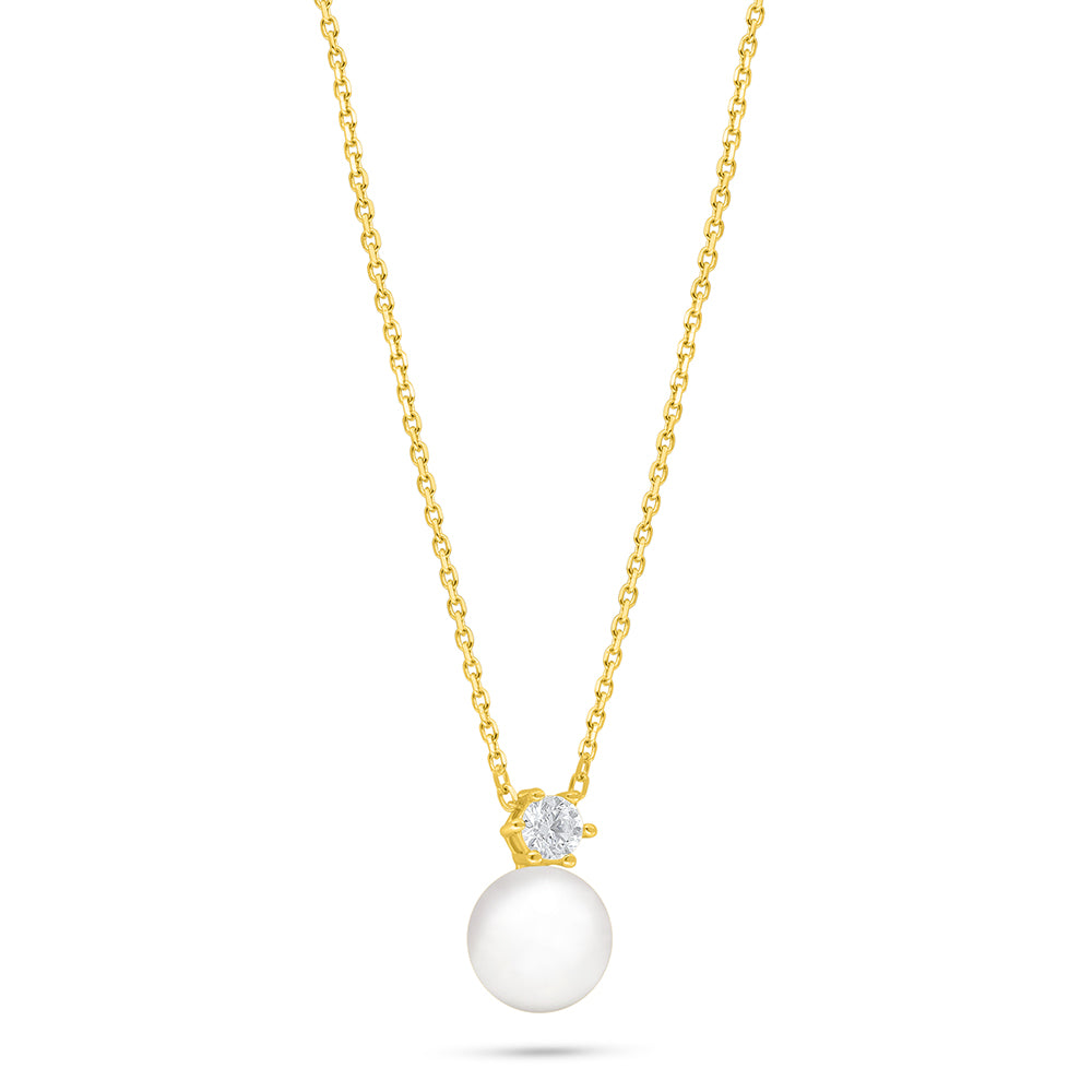 عقد من الفضة الخالصة عيار 925 مطلي ذهبي مرصع لولو ابيض طبيعي و فص ابيض