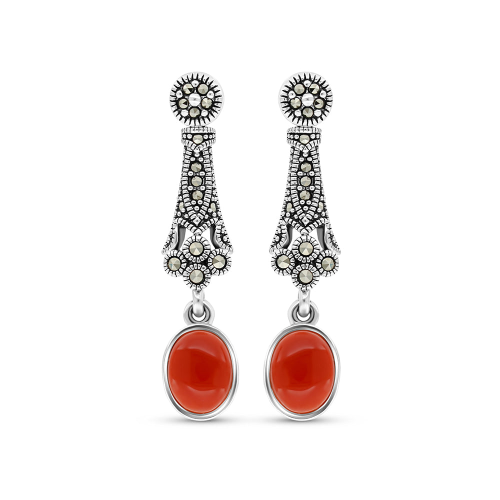 Sterling Silver 925 Earring Embedded With Natural Aqiq And Marcasite Stones