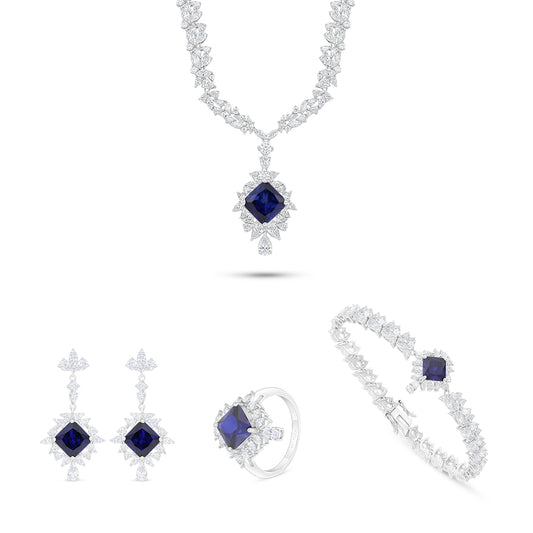 طقم من الفضة الخالصة عيار 925 مطلي روديوم مرصع احجار زفير كروندوم و فص ابيض