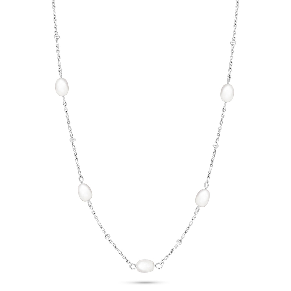 Sterling Silver 925 Necklace Rhodium Plated Embedded With Natural White Pearl