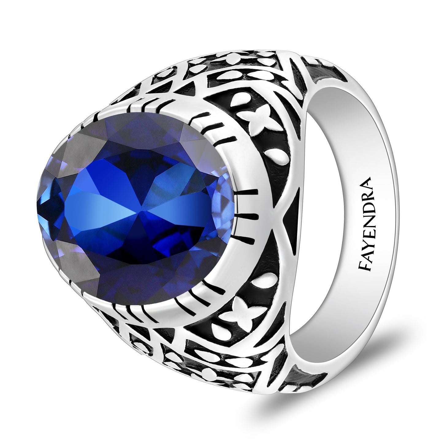 خاتم رجالي من الفضة الخالصة عيار 925 مطلي روديوم و اسود مرصع احجار عين النمر ازرق كابشون