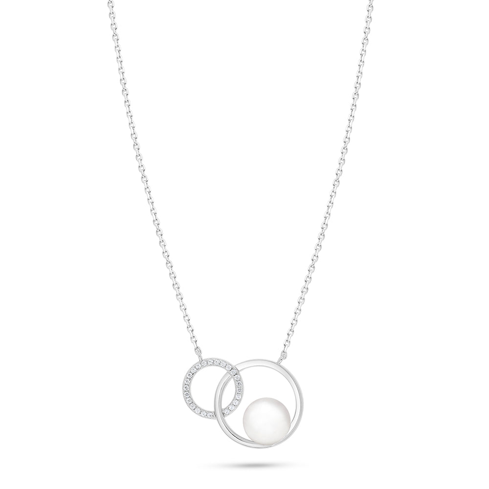 Sterling Silver 925 Necklace Rhodium Plated Embedded With Natural White Pearl And White Zircon