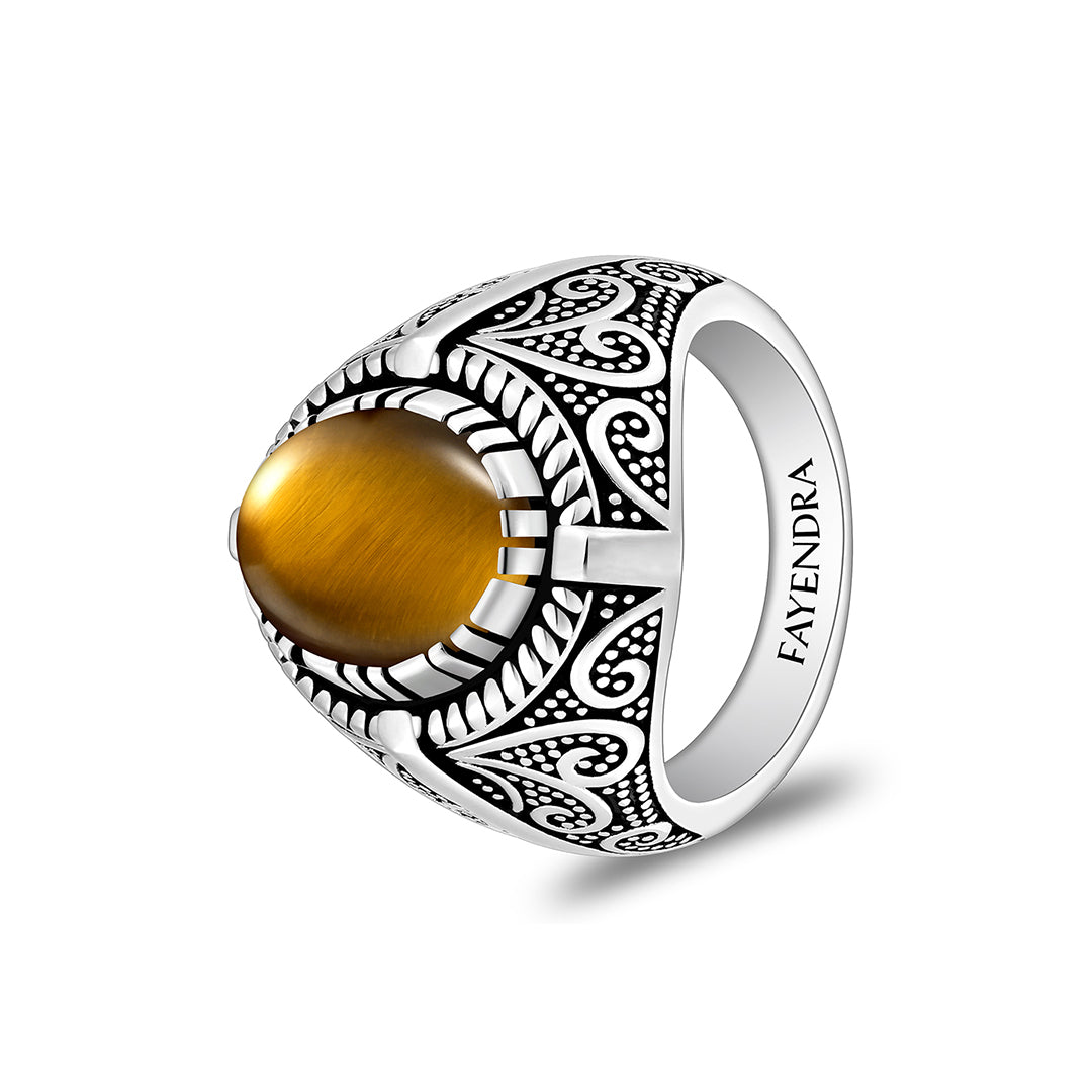 خاتم رجالي من الفضة الخالصة عيار 925 مطلي روديوم و اسود مرصع احجار عين النمر اصفر كابشون