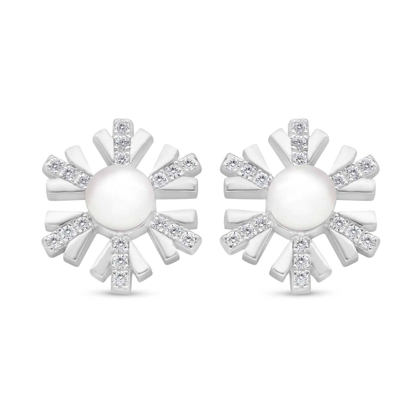 Sterling Silver 925 Earring Rhodium Plated Embedded With Natural White Pearl And White Zircon