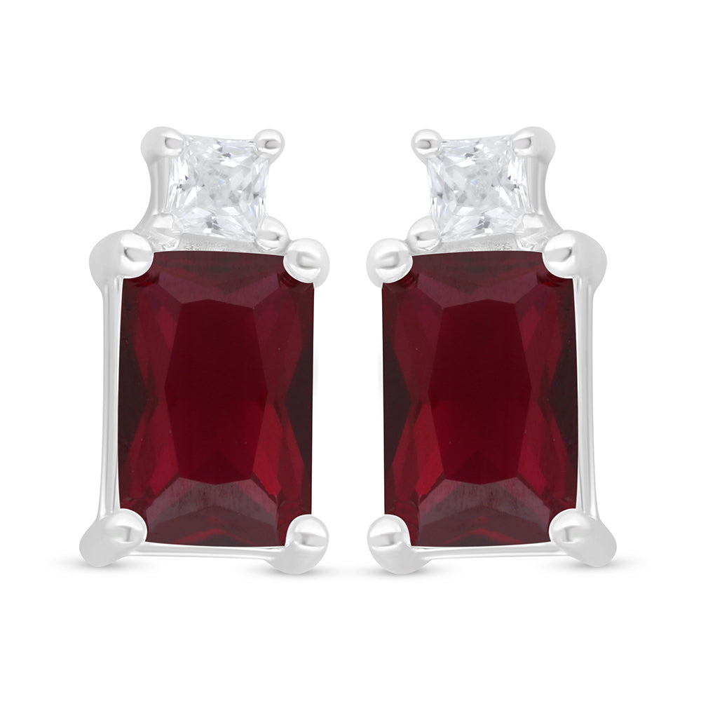 Sterling Silver 925 Earring Rhodium Plated Embedded With Ruby Corundum And White Zircon