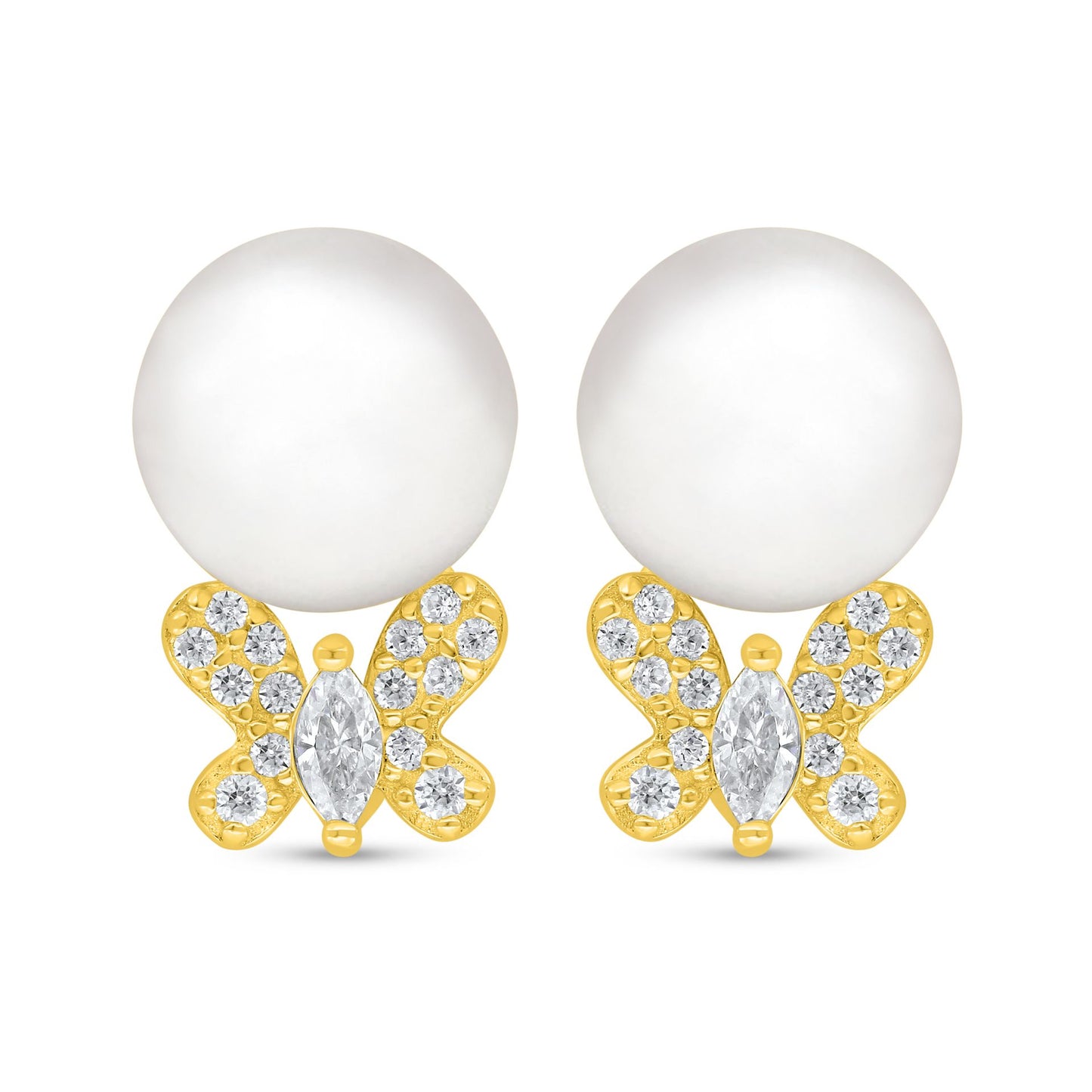 Sterling Silver 925 Earring Golden Plated Embedded With Natural White Pearl And Diamond Zircon And White Zircon
