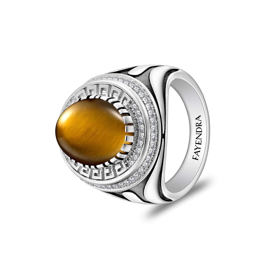 خاتم رجالي من الفضة الخالصة عيار 925 مطلي روديوم و اسود مرصع احجار عين النمر اصفر كابشون و فص ابيض