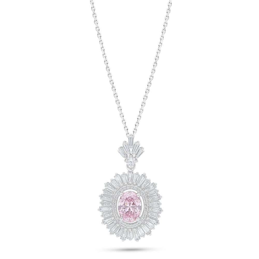 Sterling Silver 925 Necklace Rhodium Plated Embedded With Pink Zircon And White Zircon
