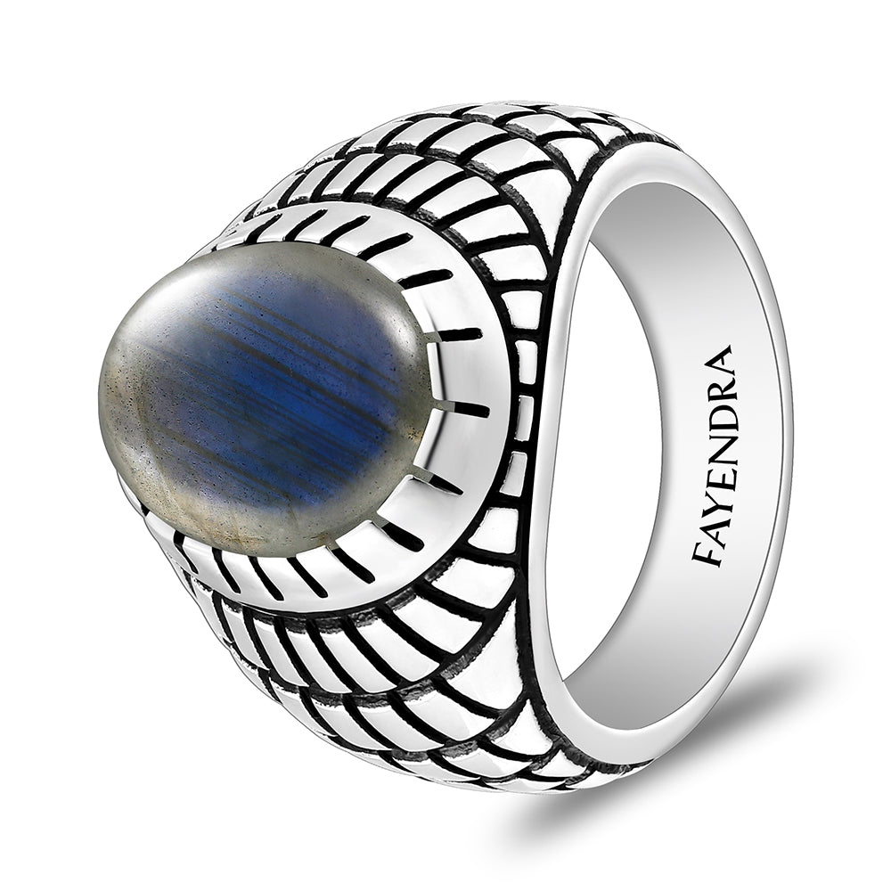 Sterling Silver 925 Ring Rhodium And Black Plated Embedded With Labradorite Cabochon For Men