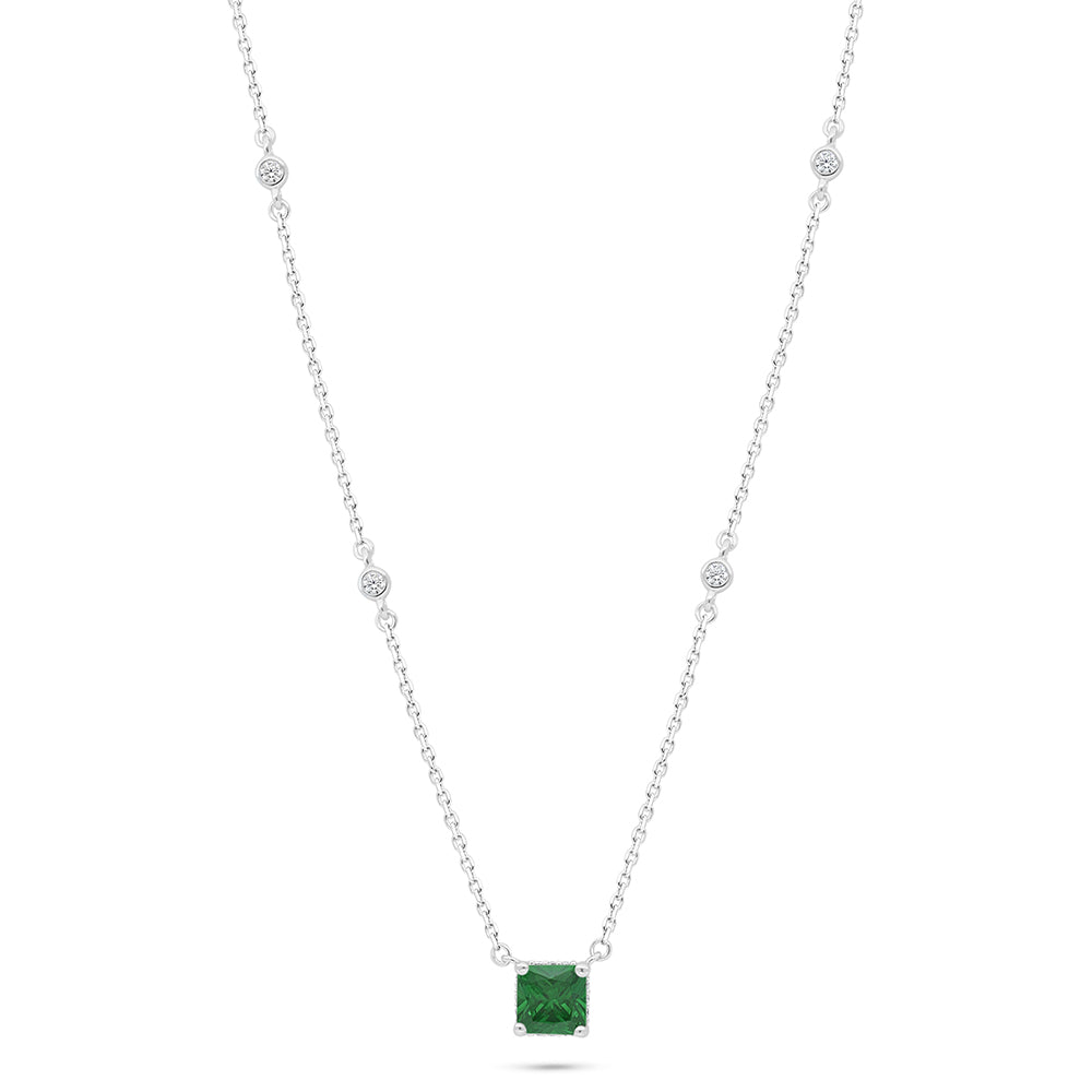 Sterling Silver 925 Necklace Rhodium Plated Embedded With Emerald Zircon And White Zircon