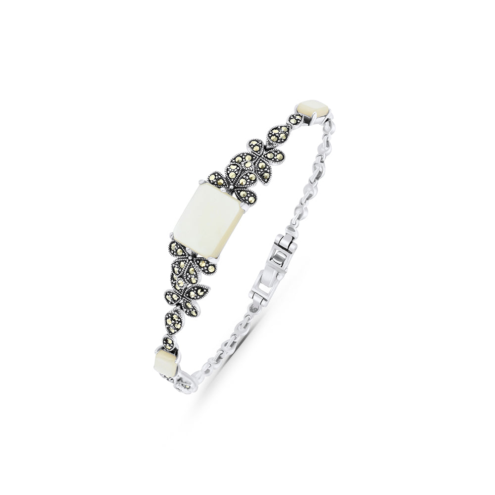 Sterling Silver 925 Bracelet Embedded With Natural White Shell And Marcasite Stones