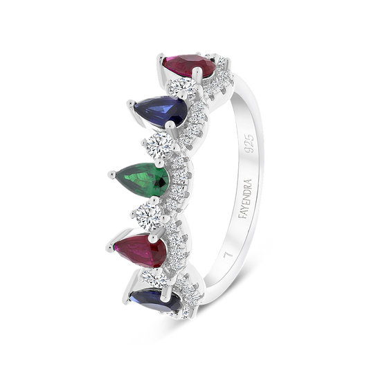 Sterling Silver 925 Ring Rhodium Plated Sapphire Corundum , Ruby Corundum , Emerald Zircon