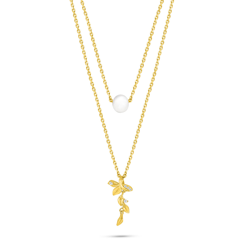 Sterling Silver 925 Necklace Golden Plated Embedded With Natural White Pearl And White Zircon