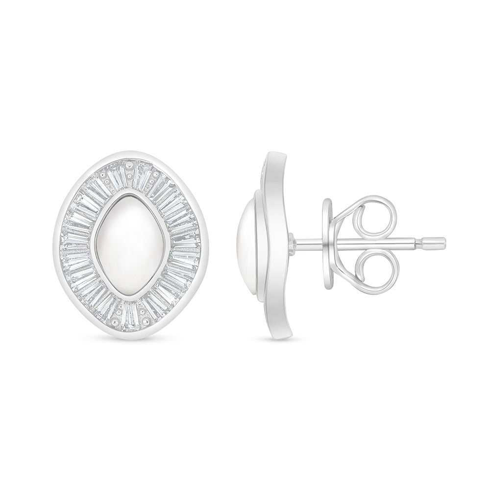 Sterling Silver 925 Earring Rhodium Plated Embedded With white shell And White Zircon