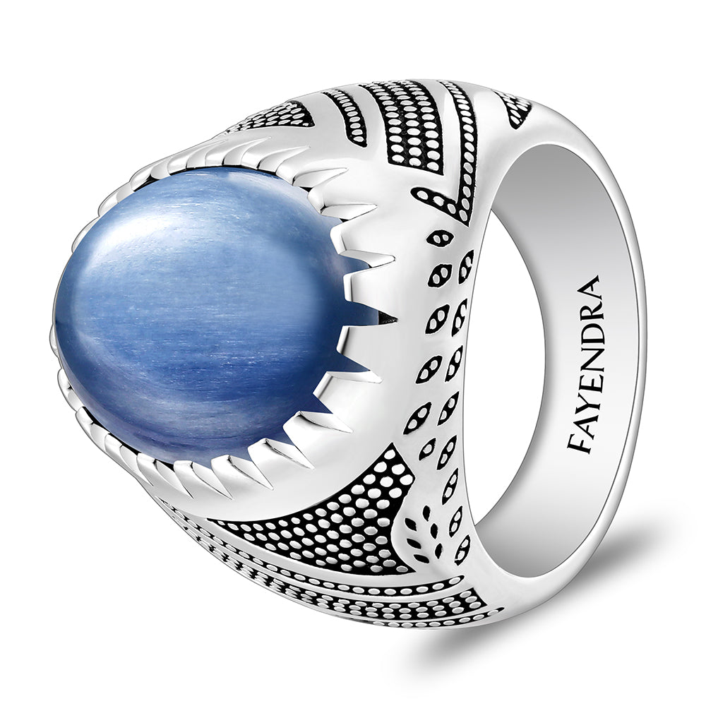 Sterling Silver 925 Ring Rhodium And Black Plated Embedded With Natural Kyanite Cabochon For Men