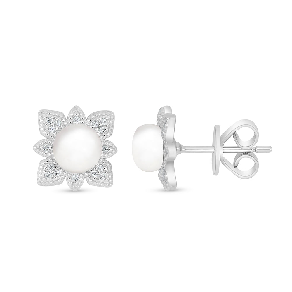 Sterling Silver 925 Earring Rhodium Plated Embedded With Natural White Pearl And White Zircon