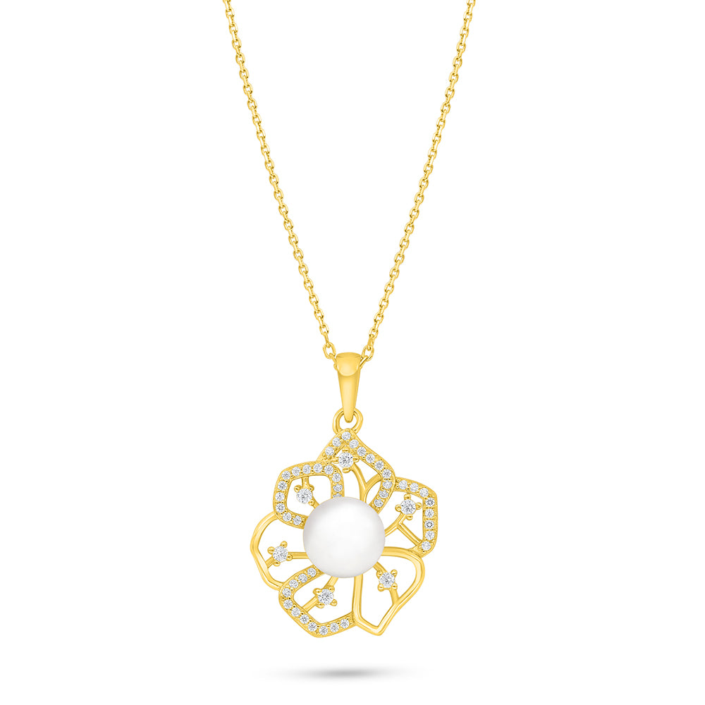 عقد من الفضة الخالصة عيار 925 مطلي ذهبي مرصع لولو ابيض طبيعي و فص ابيض