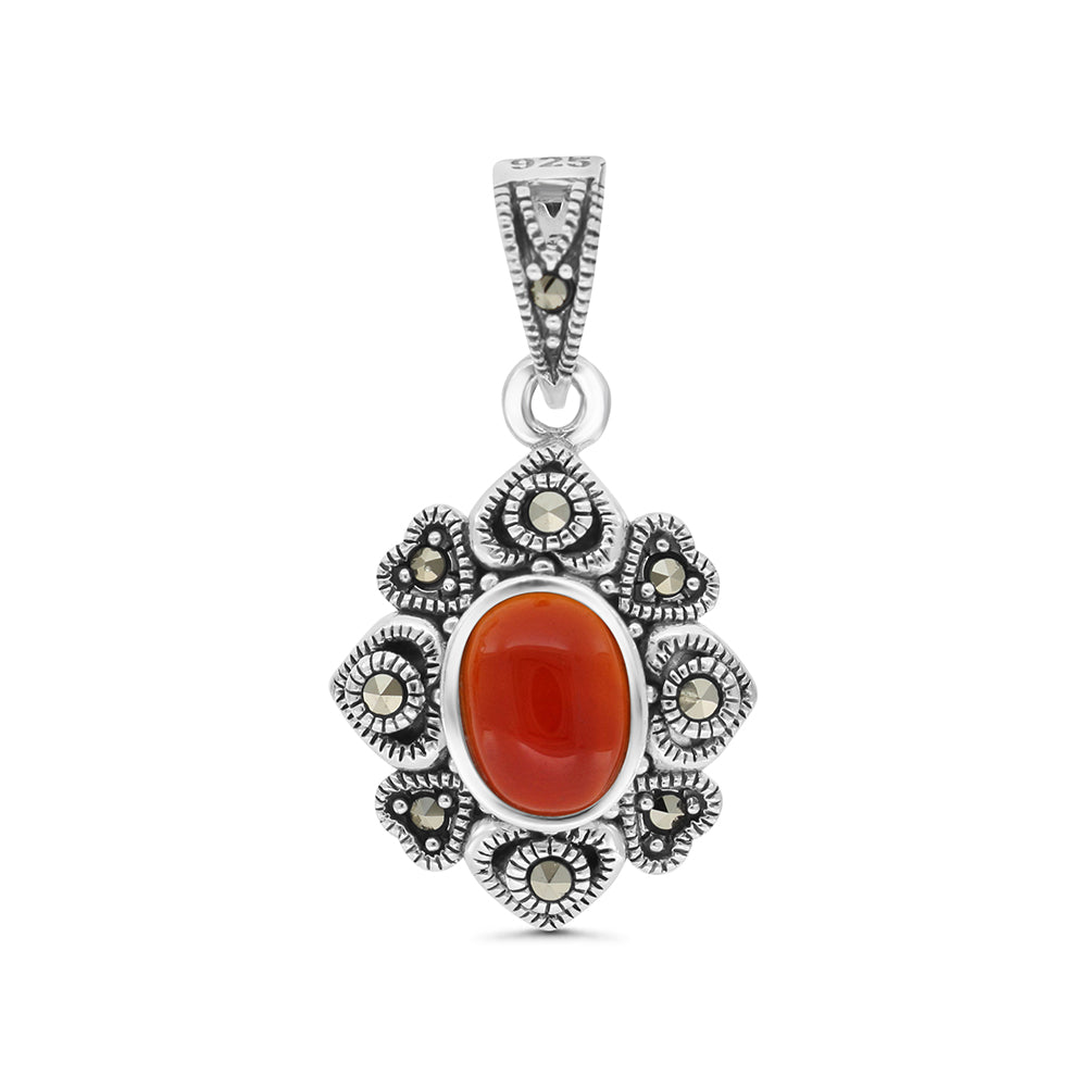Sterling Silver 925 Pendant Embedded With Natural Aqiq And Marcasite Stones