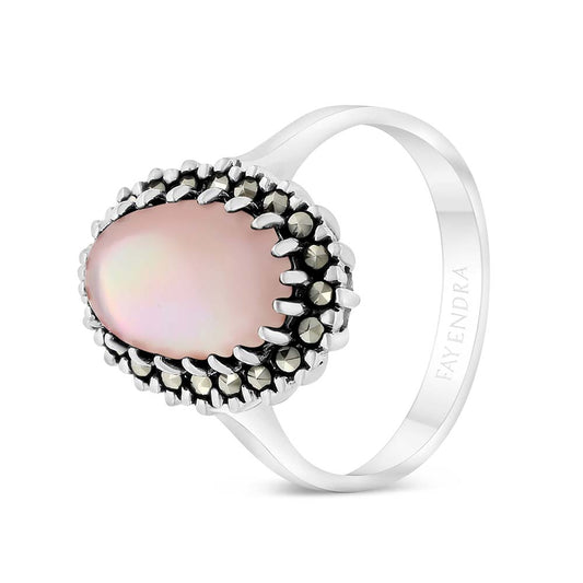 Sterling Silver 925 Ring Embedded With Natural Pink Shell And Marcasite Stones