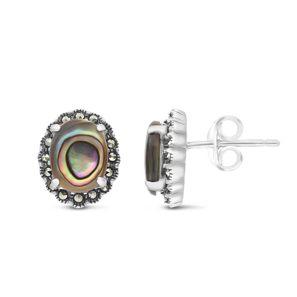 Sterling Silver 925 Earring Embedded With Natural Blue Shell And Marcasite Stones