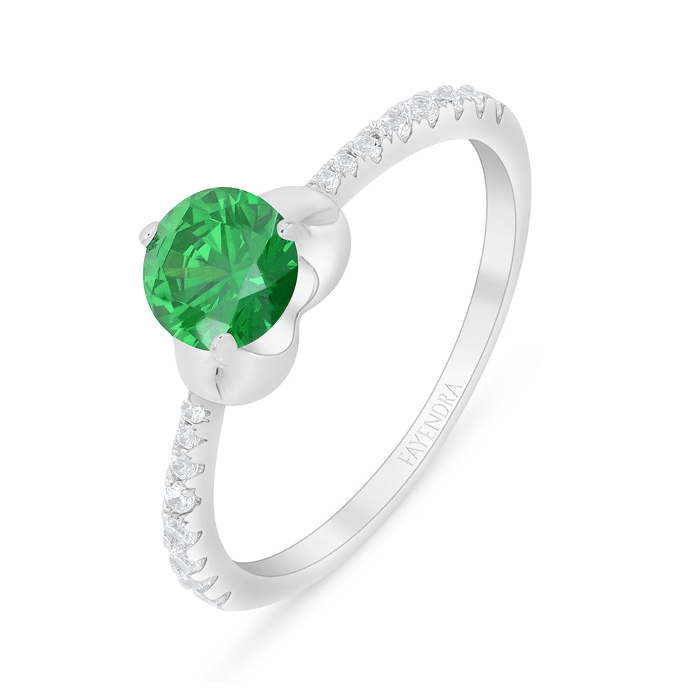 Sterling Silver 925 Ring Rhodium Plated Embedded With Emerald Zircon And White Zircon