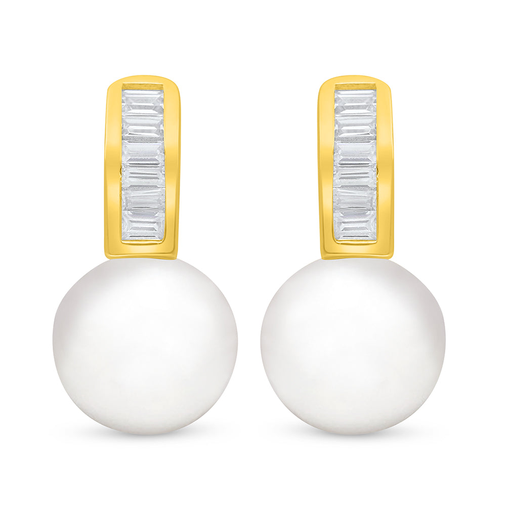 Sterling Silver 925 Earring Golden Plated Embedded With Natural White Pearl And White Zircon