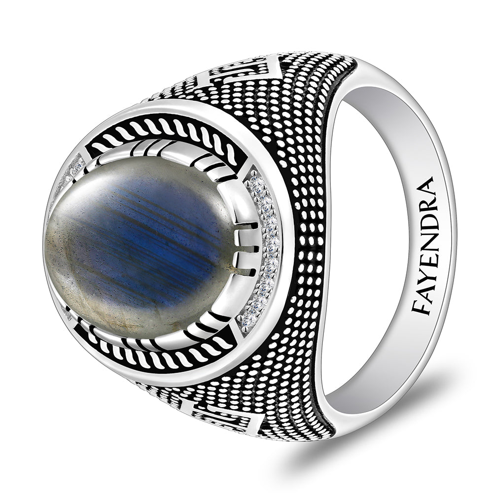 خاتم رجالي من الفضة الخالصة عيار 925 مطلي روديوم و اسود مرصع احجار لابرادوريت اوبالي كابشون وفص ابيض