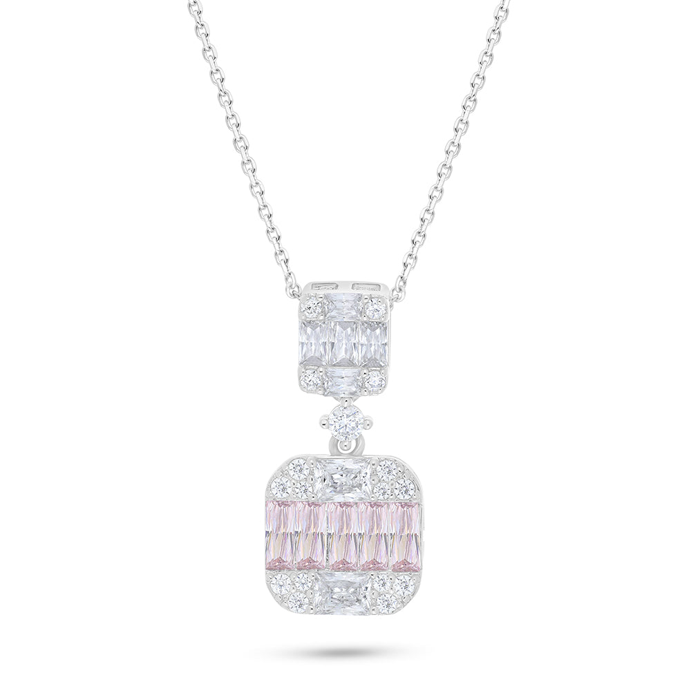 Sterling Silver 925 Necklace Rhodium Plated Embedded With pink Zircon And White Zircon