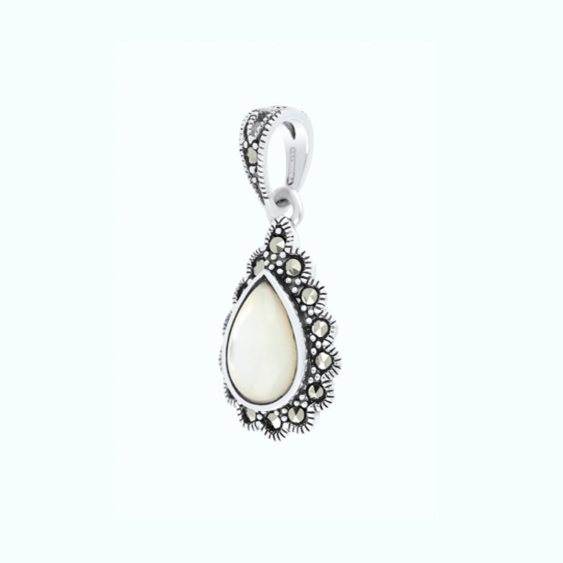 Sterling Silver 925 Pendant Embedded With Natural White Shell And Marcasite Stones