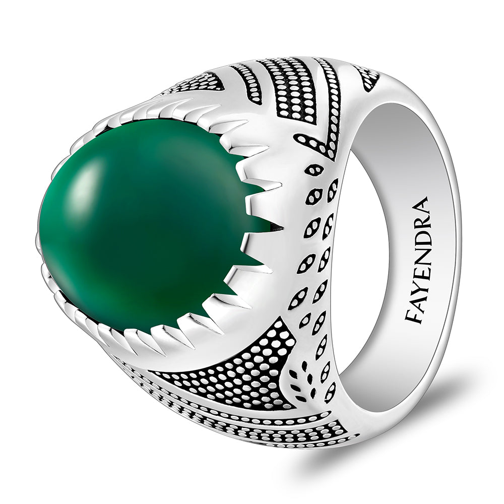 خاتم رجالي من الفضة الخالصة عيار 925 مطلي روديوم و اسود مرصع احجار عقيق جاد اخضر كابشون