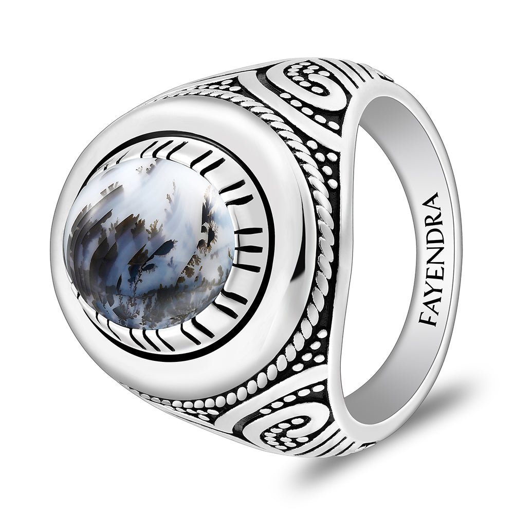 خاتم رجالي من الفضة الخالصة عيار 925 مطلي روديوم و اسود مرصع احجار عقيق مشجر طبيعي كابشون