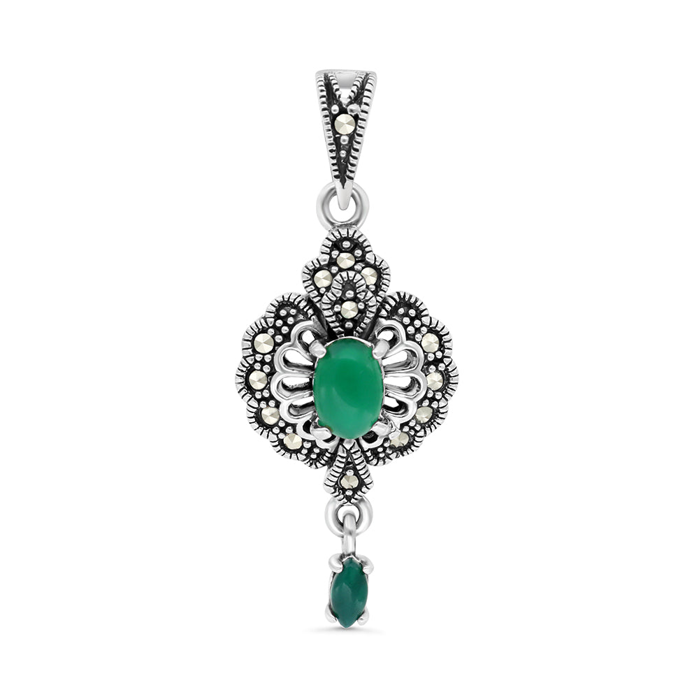 Sterling Silver 925 Pendant Embedded With Natural Green Agate And Marcasite Stones