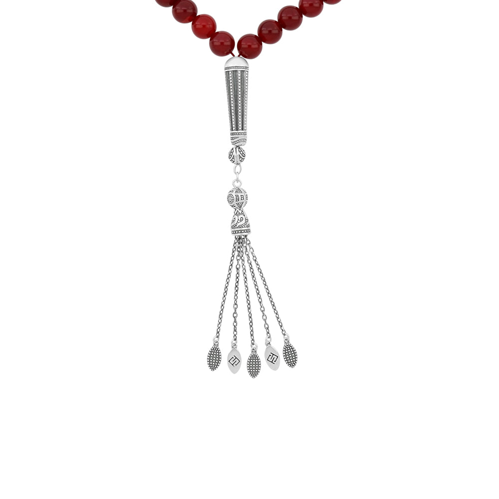 Rosary 33 Sterling Silver 925 Set Oxidized Decorated Embedded With Red Agate Cabochon Bead 10 ML LOGO